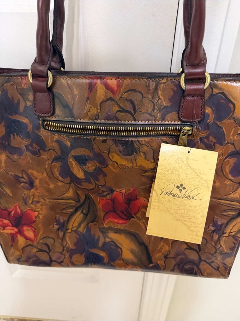 Patricia Nash Floral Painted Leather Tote in Brown, Red and Purple - Picture 3 of 7